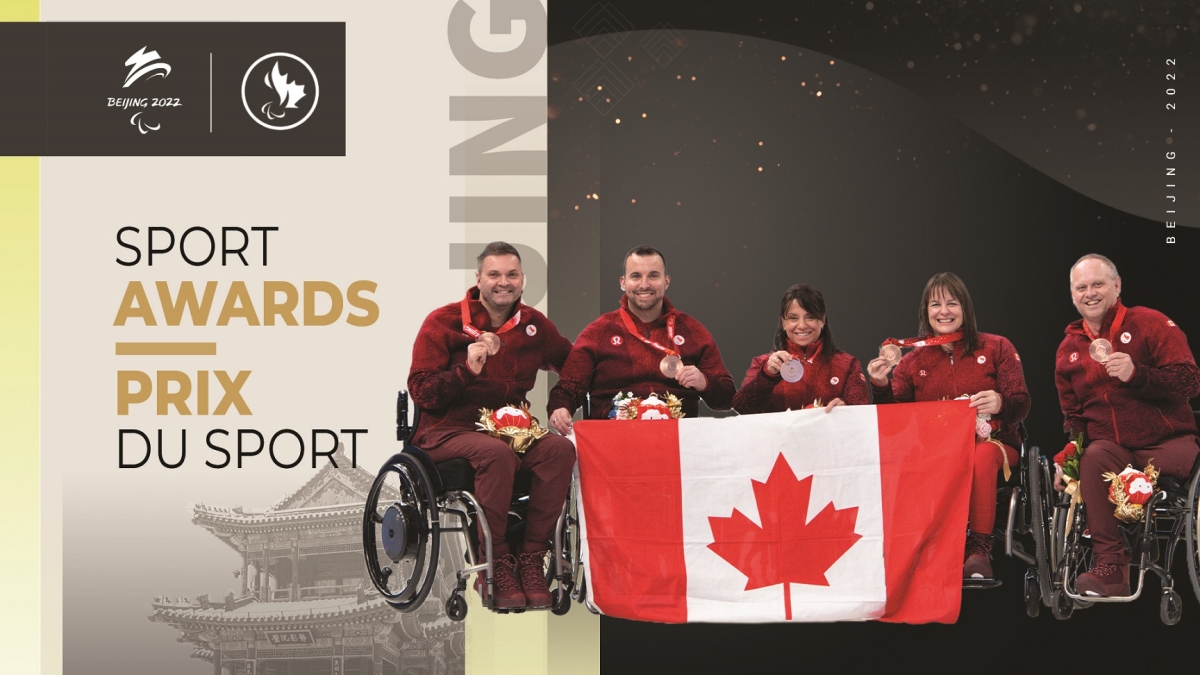 Mark Ideson, Jon Thurston, Collinda Joseph, Ina Forrest, and Dennis Thiessen with their bronze medals at the Beijing 2022 Paralympic Winter Games