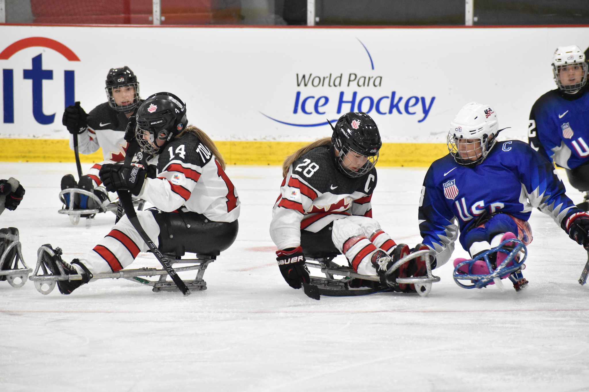 Raphalle Tousignant and Alanna Mah in action at the Para Ice Hockey Women's World Challenge