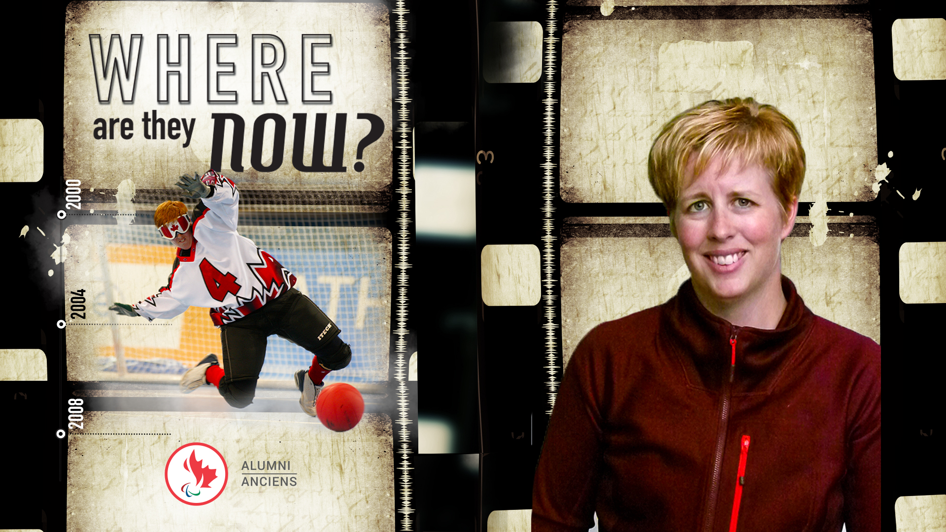 Where are they now graphic with a head shot of Amy Alsop alongside a photo of Amy playing goalball