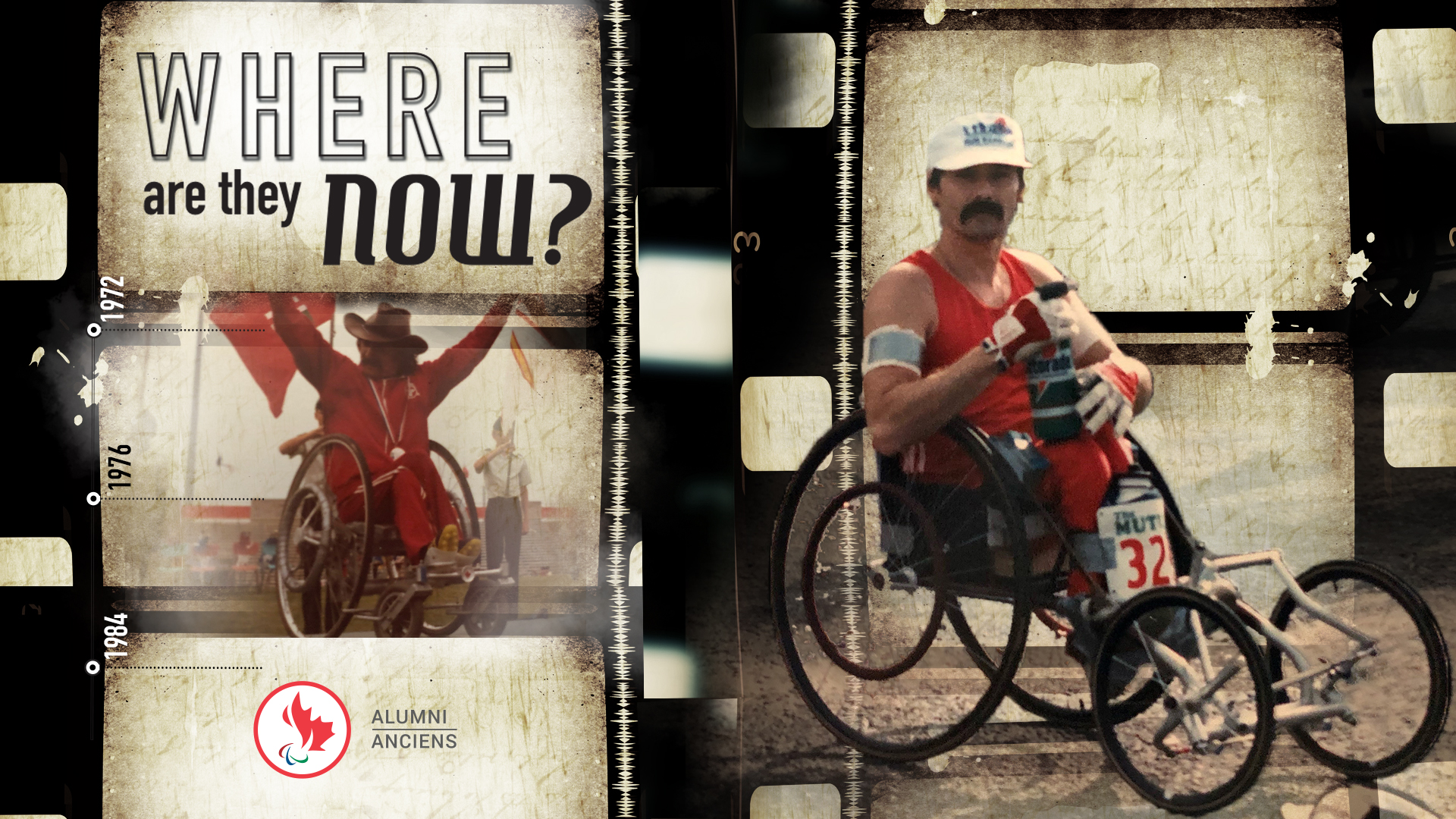 Where are they now graphic with an image of Chris Stoddart in his racing chair and holding a Canadian flag up behind his back