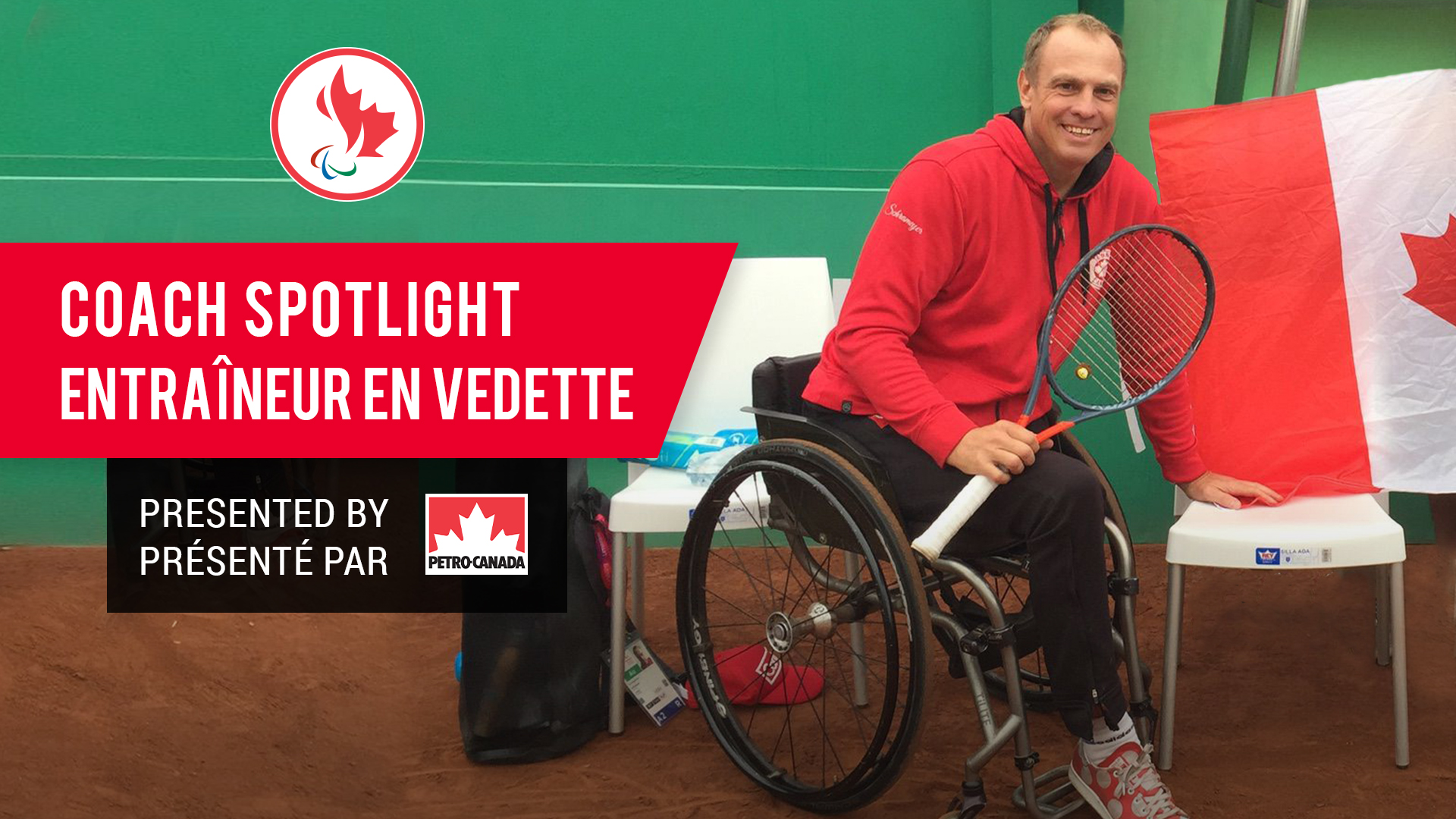 Kai Schrameyer smiling at the camera holding his tennis racquet next to a Canadian flag with the text Coach Spotlight over the graphic