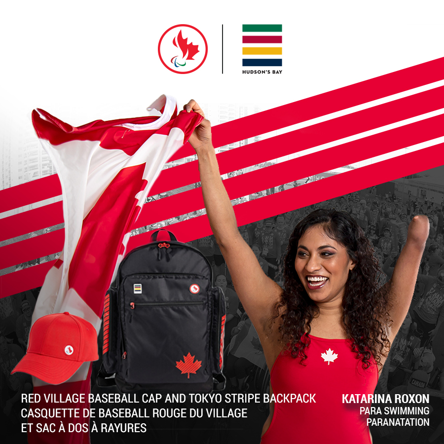 An image of Katarina Roxon holding the Canadian flag, next to the Tokyo 2020 red village baseball cap and stripe backpack