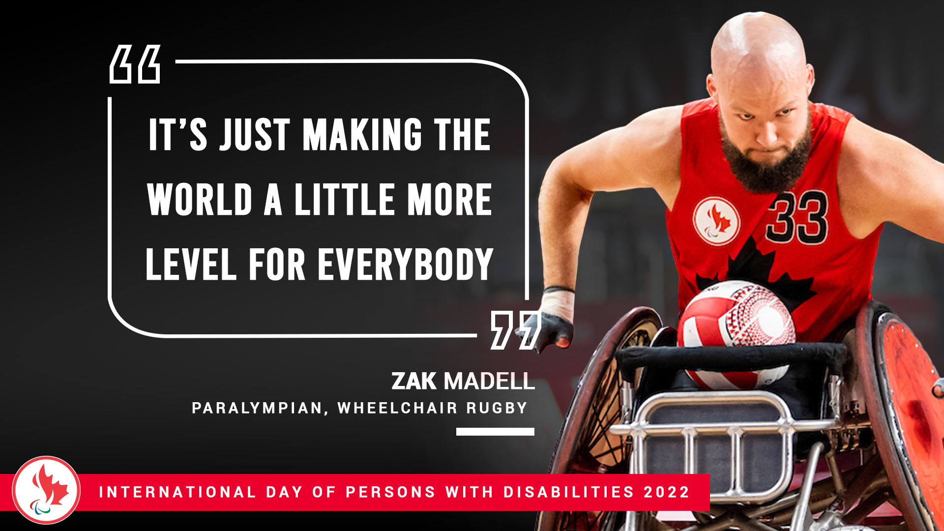 A photo of wheelchair rugby Zak Madell in action with the quote "It's just making the world a little more level for everybody" about International Day of Persons with Disabilities