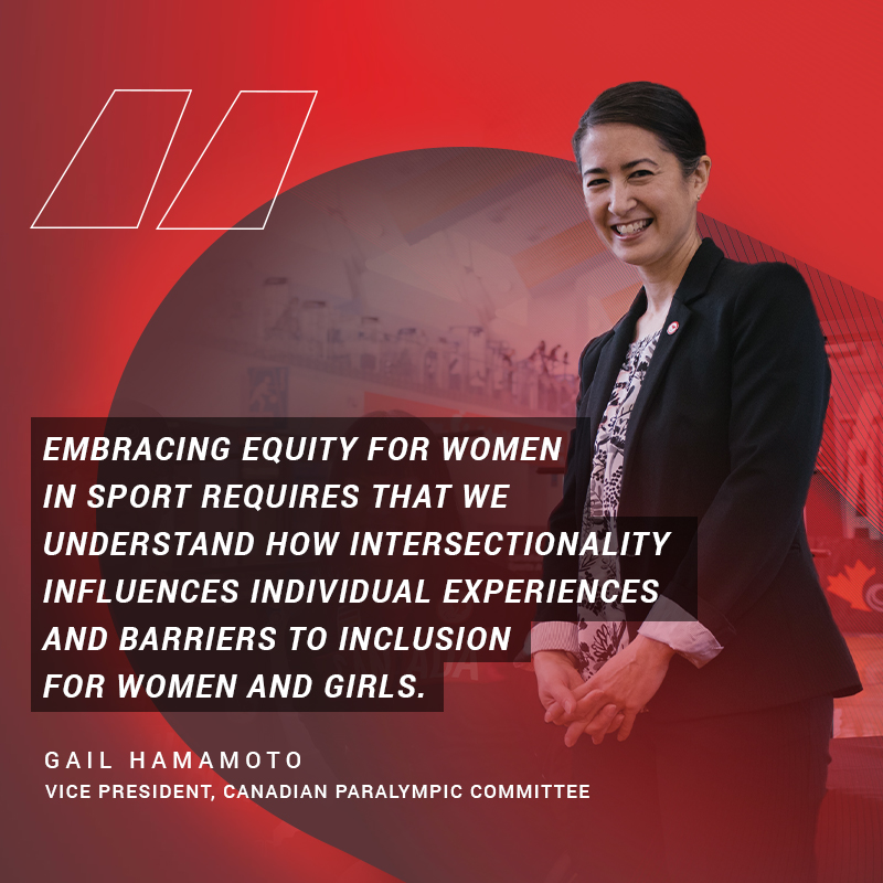 Gail Hamamoto picture with quote “Embracing equity for women in sport requires that we understand how intersectionality influences individual experiences and barriers to inclusion for women and girls.