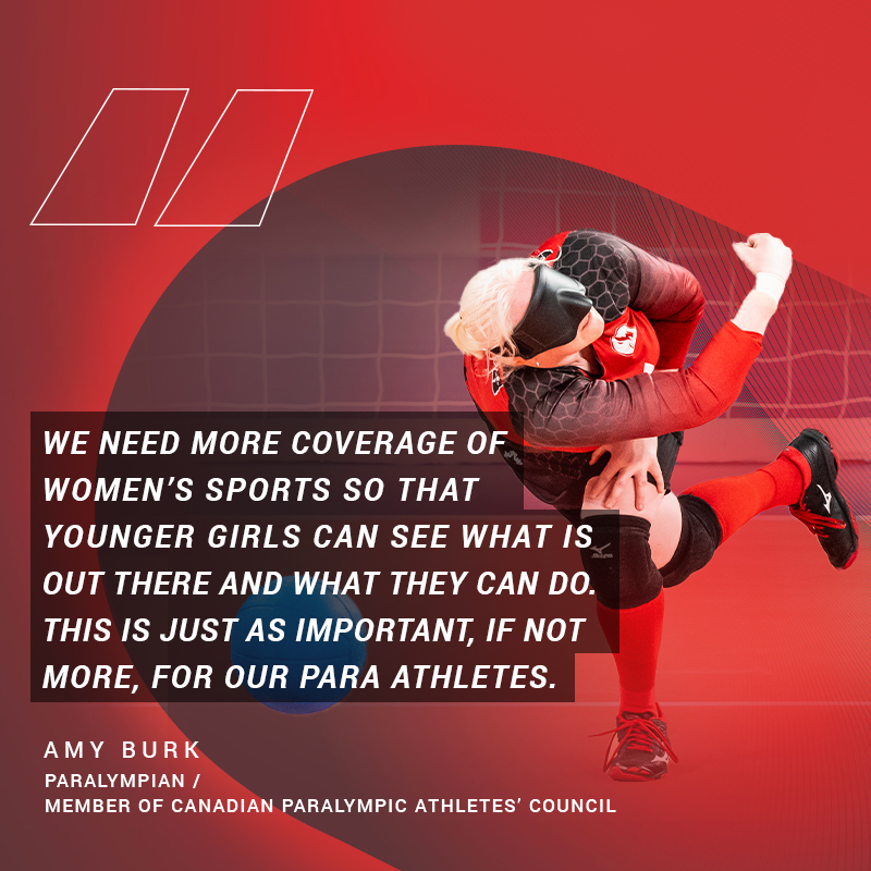 Amy Burk photo with quote: “We need more coverage of women’s sports so that younger girls can see what is out there and what they can do. This is just as important, if not more, for our Para athletes.”