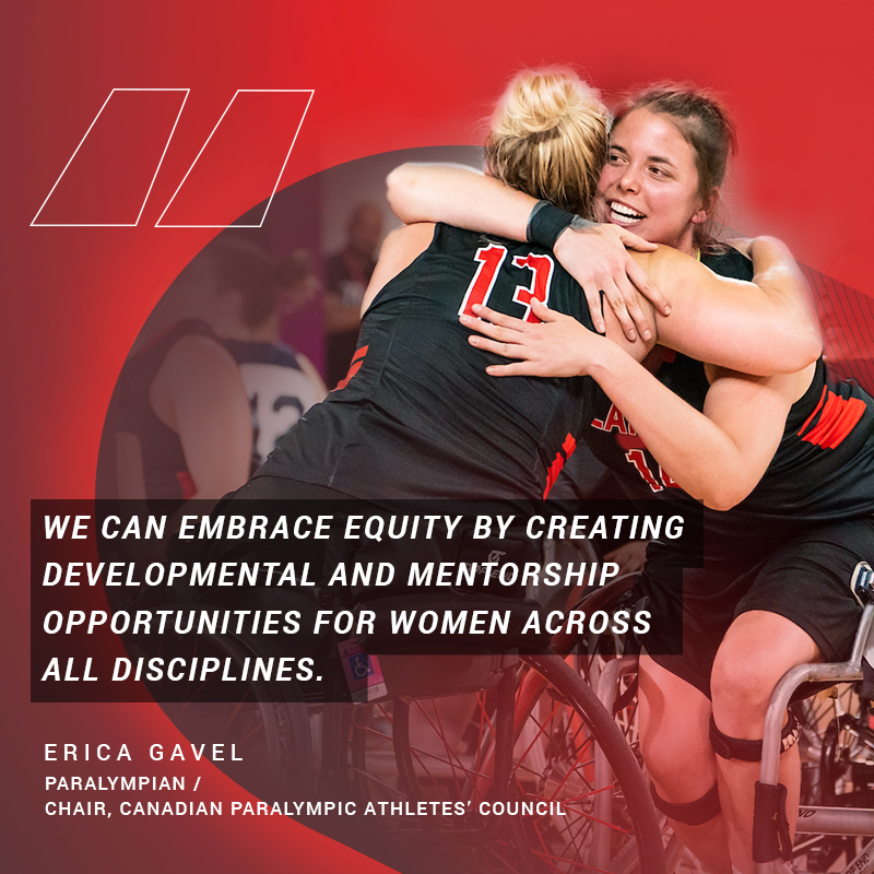 A photo of Erica Gavel with the quote We can embrace equity by creating developmental and mentorship opportunities for women across all disciplines"
