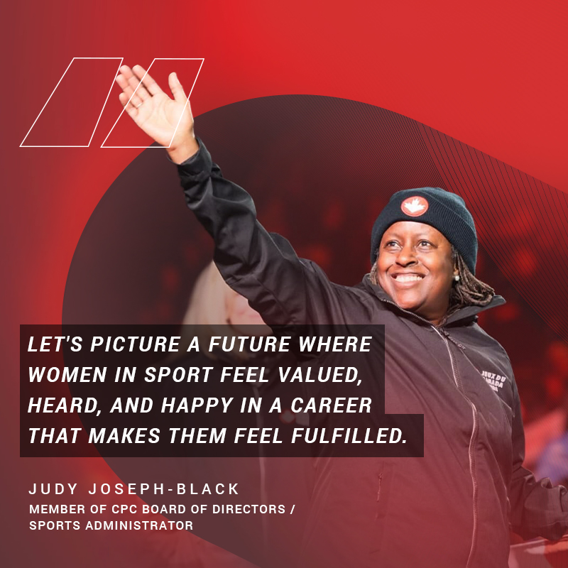 A photo of Judy Joseph-Black with the quote “Let's picture a future where women in sport feel valued, heard, and happy in a career that makes them feel fulfilled.”