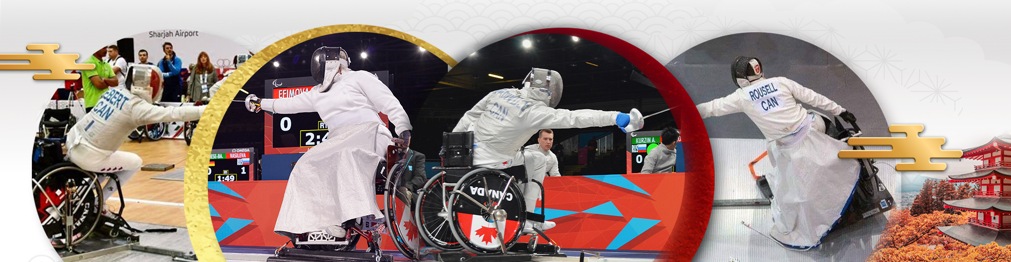 Wheelchair fencers on a Tokyo inspired background