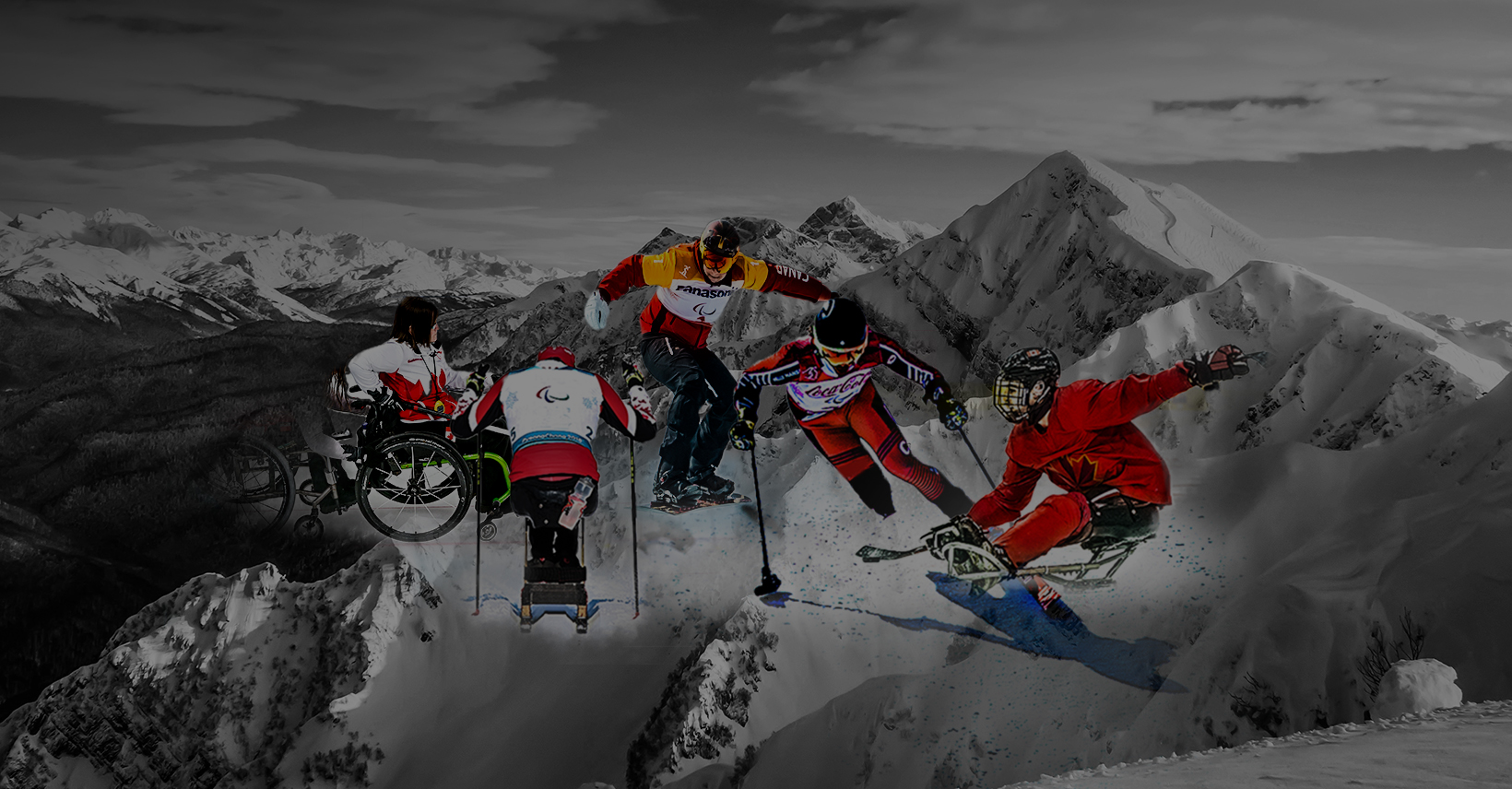 Beijing with 5 athletes over a mountain background. Mountain is black and White, athletes are full colour