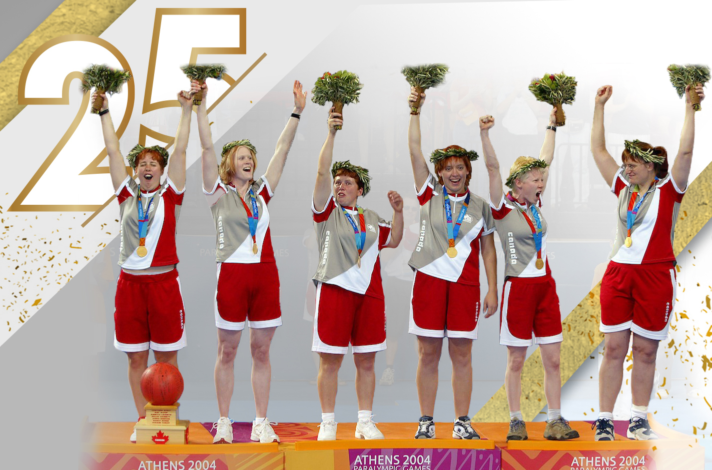 6 athletes in athletes on podium with arms in the air, gold confetti falling and 25 years in the corner of the image