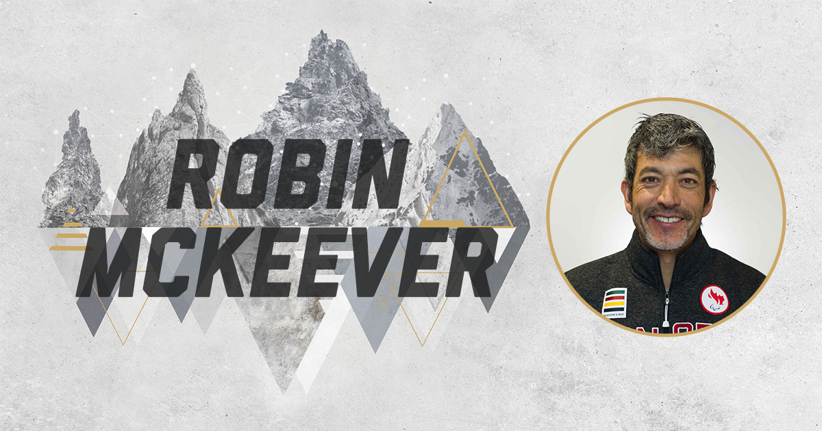 Robin McKeever headshot with his name on graphic mountains