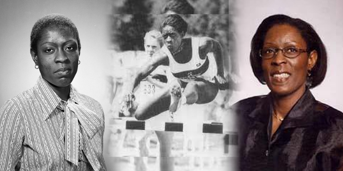 Images of Faye Blackwood including a headshot on the left, her as a hurdler in the middle, and another head shot on the right.
