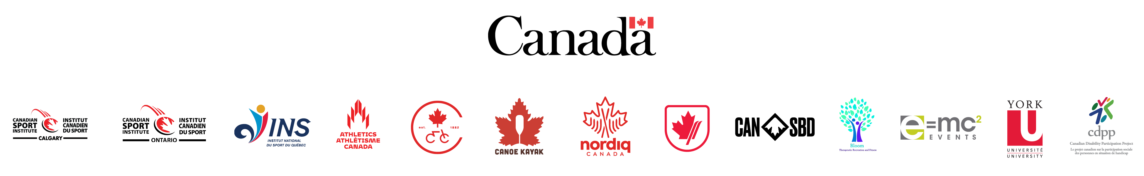 Government of Canada logo on top (CANADA with flag over the A), followed by Canadian Sport Institute Calgary and Ontario, INS, Athletics Canada, Cycling Canada, Canoe Kayak Canada, Nordiq Canada, Alpine Canada, Snowboard Canada, Bloom, EC2 Events, York University and CDPP