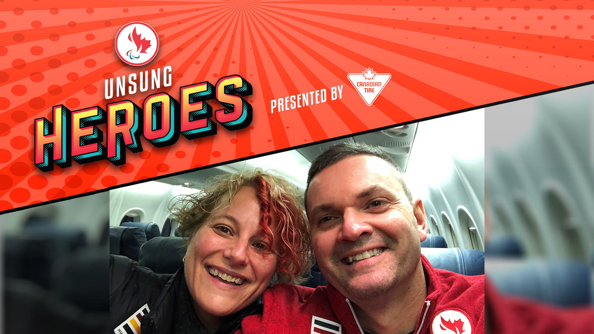 Unsung Heroes graphic including a picture of Mark Ideson and Sari Shatil in the airplane on the way to Korea