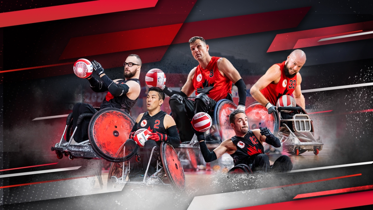 A compilation of action shots of wheelchair rugby players Anthony Letourneau, Travis Murao, Mike Whitehead, Patrice Dagenais, and Zak Madell. 