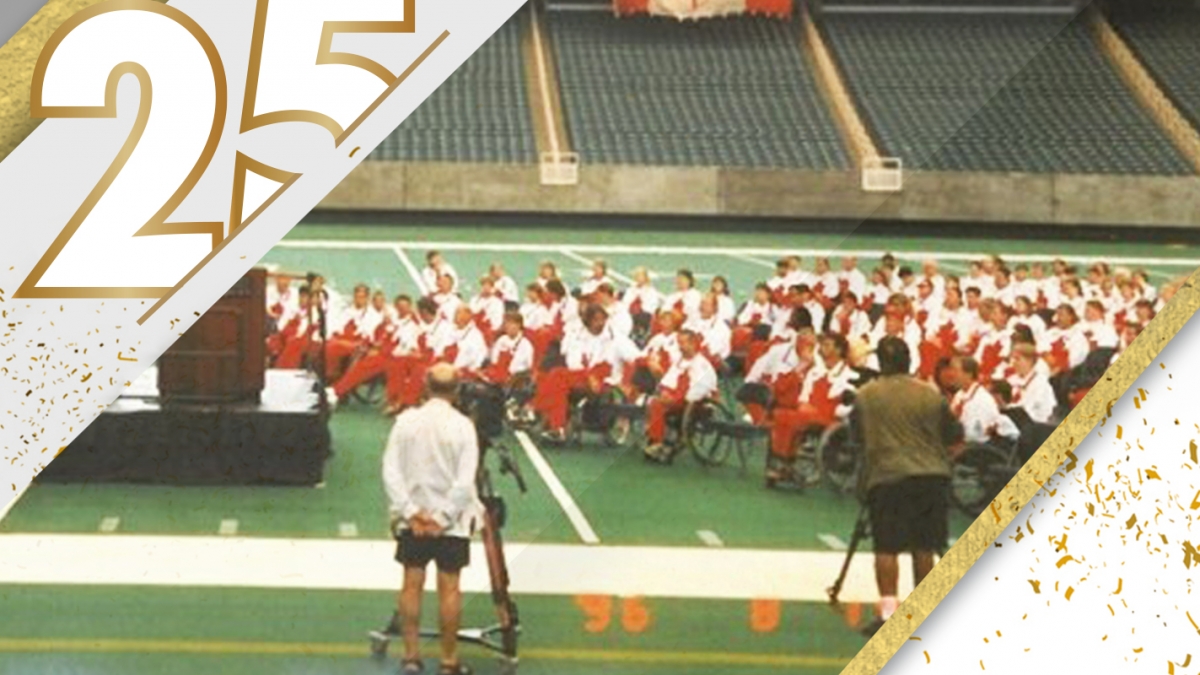 A photo of Canada in the stadium at the 1996 Paralympic Games