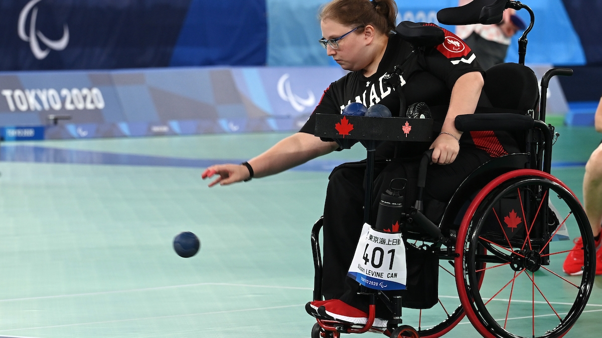 Alison Levine throws a ball in boccia competition at the Tokyo 2020 Paralympic Games. 