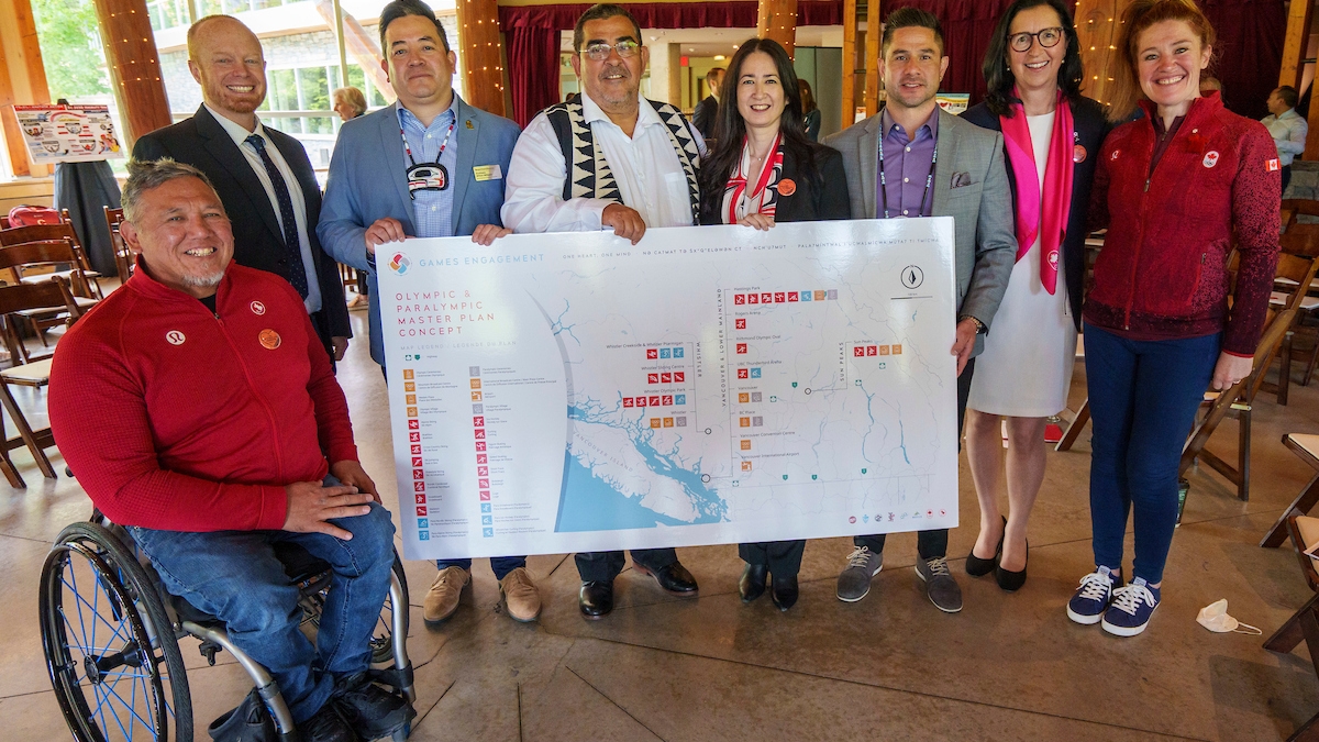 Members of the 2030 feasibility team at a ceremony at the Squamish Lil’wat Cultural Centre in Whistler on June 14 