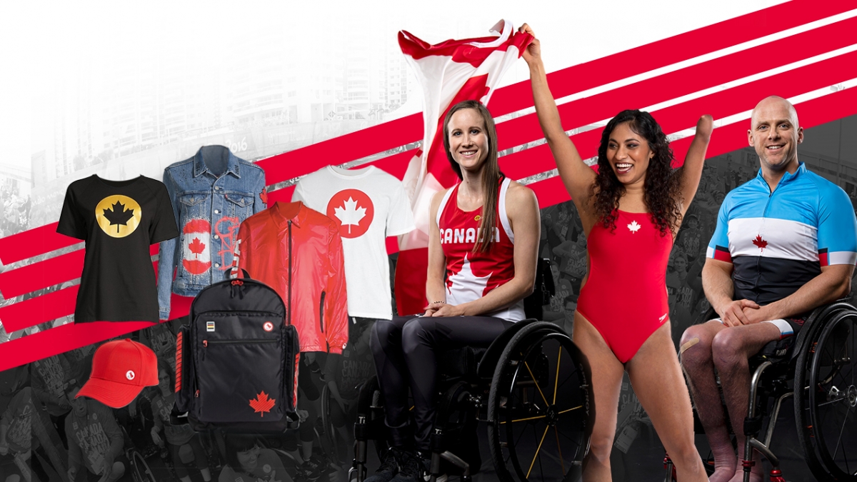 An image of Andrea Nelson, Katarina Roxon, and Charles Moreau surrounded by items from the official Tokyo 2020 clothing collection