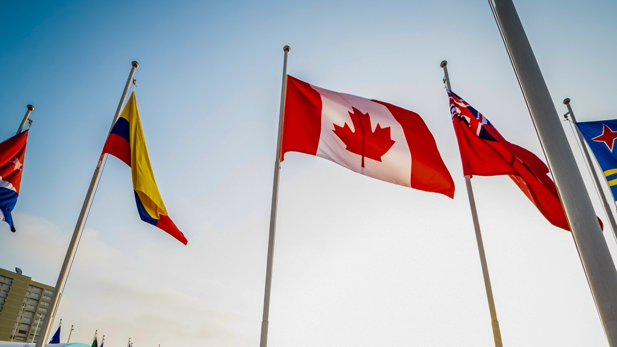 The Canadian flag flying on a flag pole at the Lima 2019 Parapan Am Games