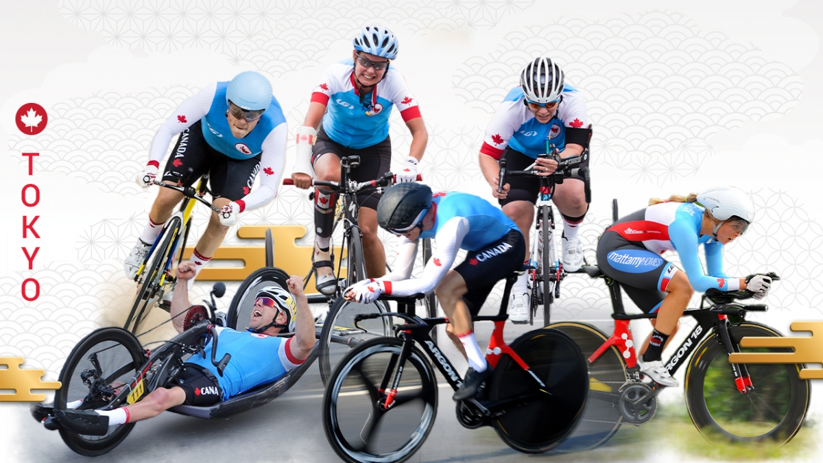 A Tokyo 2020 graphic featuring action shots of Para cyclists Charles Moreau, Ross Wilson, Shelley Gautier, Tristen Chernove, Marie-Eve Croteau, and Keely Shaw
