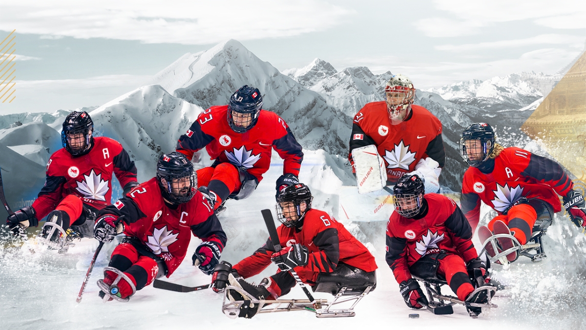 A compilation of action images of members of the Canadian Para ice hockey team