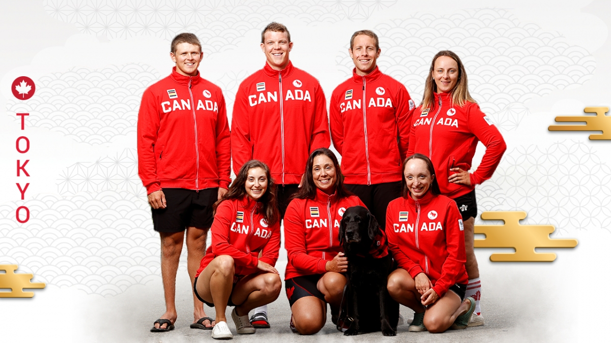 A team shot of Canada’s Tokyo 2020 Para rowing team, clockwise from top left: Kyle Fredrickson, Jeremy Hall, Andrew Todd, Jessye Brockway, Bayleigh Hooper, Victoria Nolan, and Laura Court
