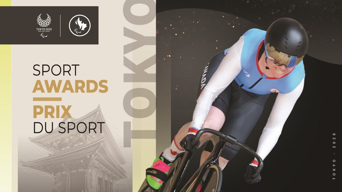 Kate O'Brien in Para cycling action with the Sport Awards graphics behind her