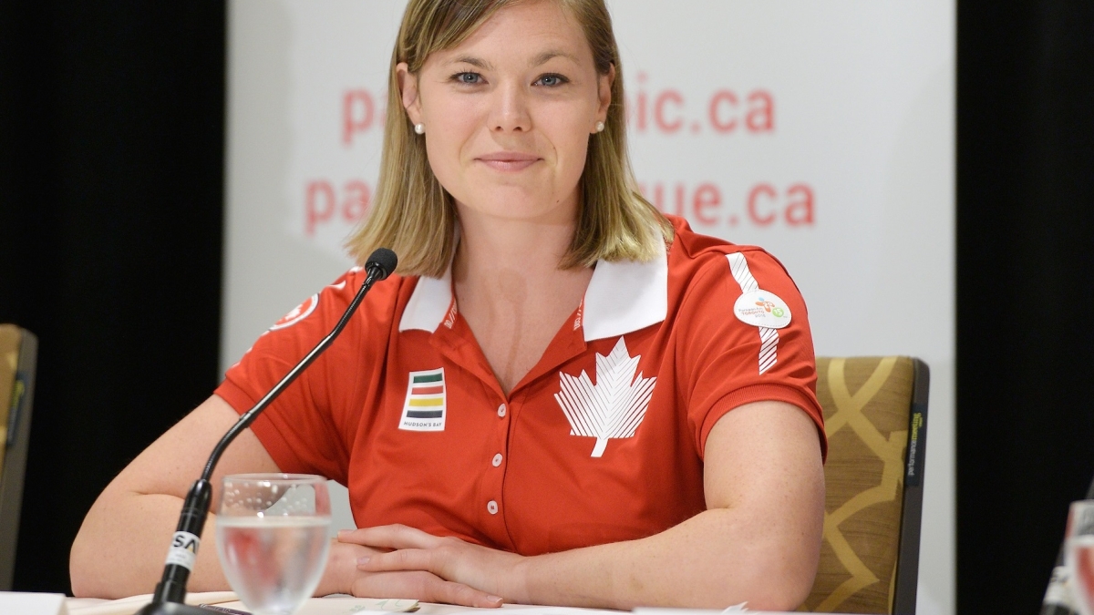Stephanie Dixon speaking at a press event at the Toronto 2015 Parapan Am Games. 