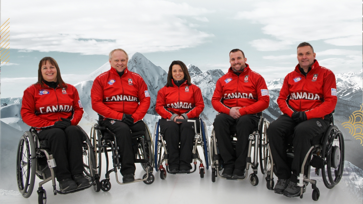 Team photo of the Beijing 2022 wheelchair curling team: Ina Forrest, Dennis Thiessen, Collinda Joseph, Jon Thurston, and Mark Ideson