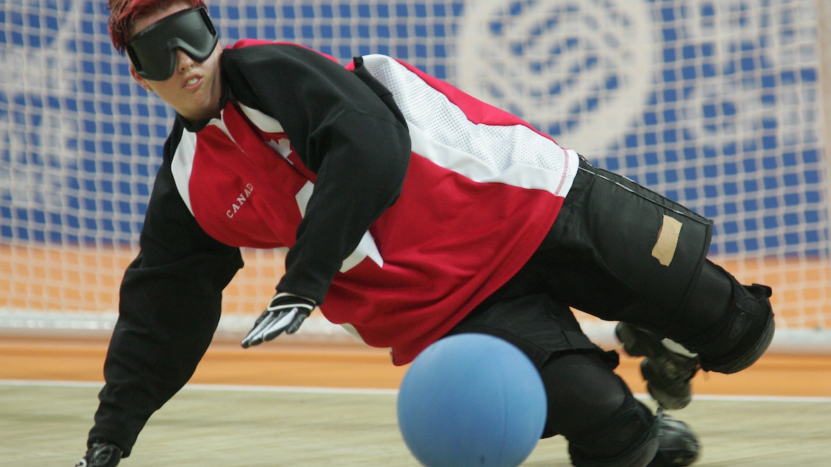Amy Alsop blocking a ball in goalball at the Beijing 2008 Paralympic Games