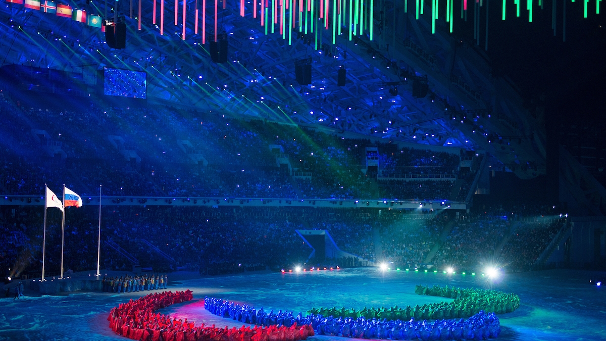 IPC logo made out of people at the Sochi closing cereomies