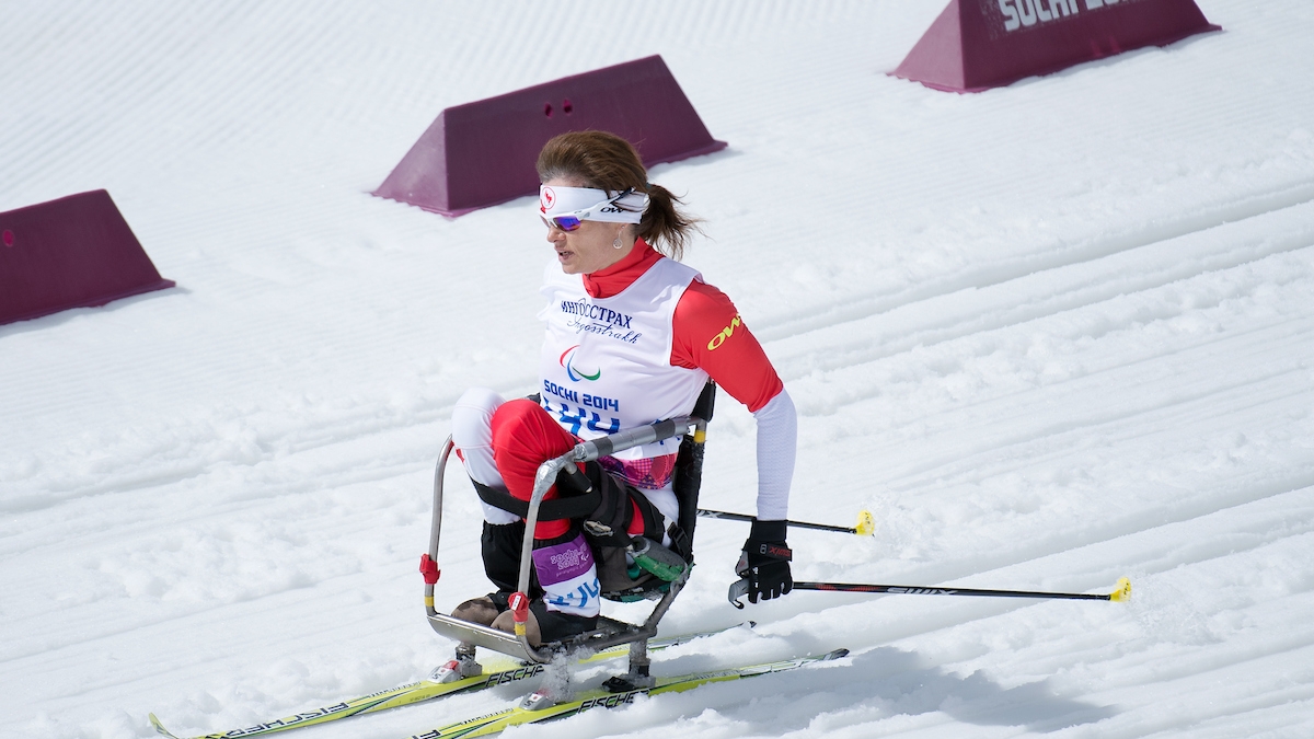 Colette Bourgonje in competition in Para cross country at the Sochi 2014 Paralympic Games. 