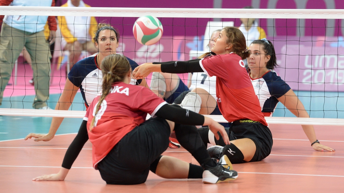 The women's sitting volleyball team in action at Lima 2019
