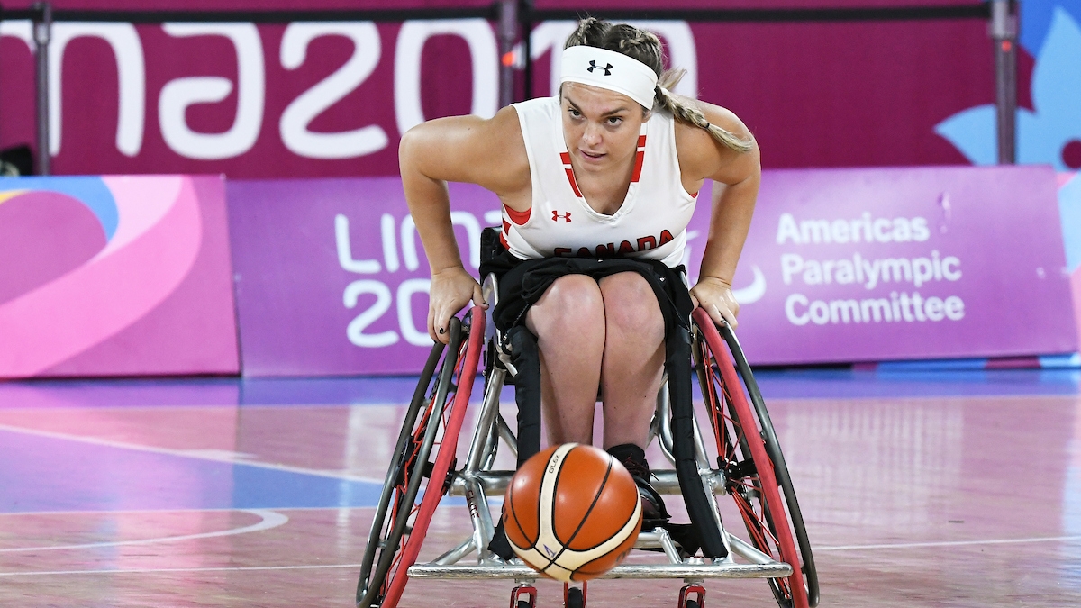 Maude Jacques in wheelchair basketball action at Lima 2019 Parapan Am Games