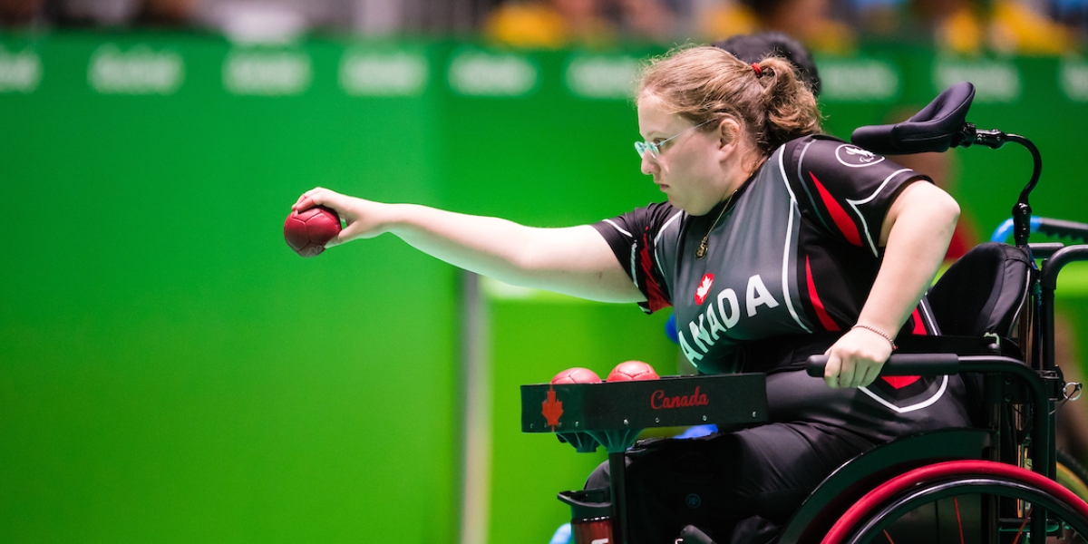 Alison Levine throwing the boccia ball at the Rio 2016 Paralympic Games