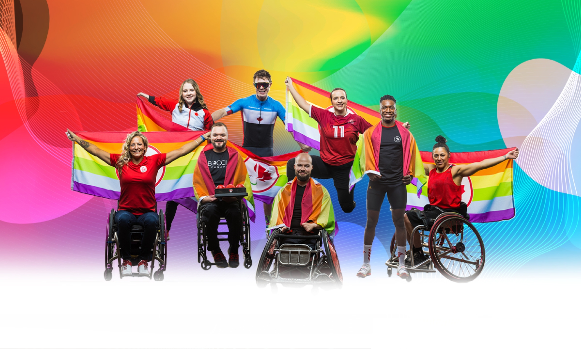 Athletes pose with CPC pride flags on a rainbow background
