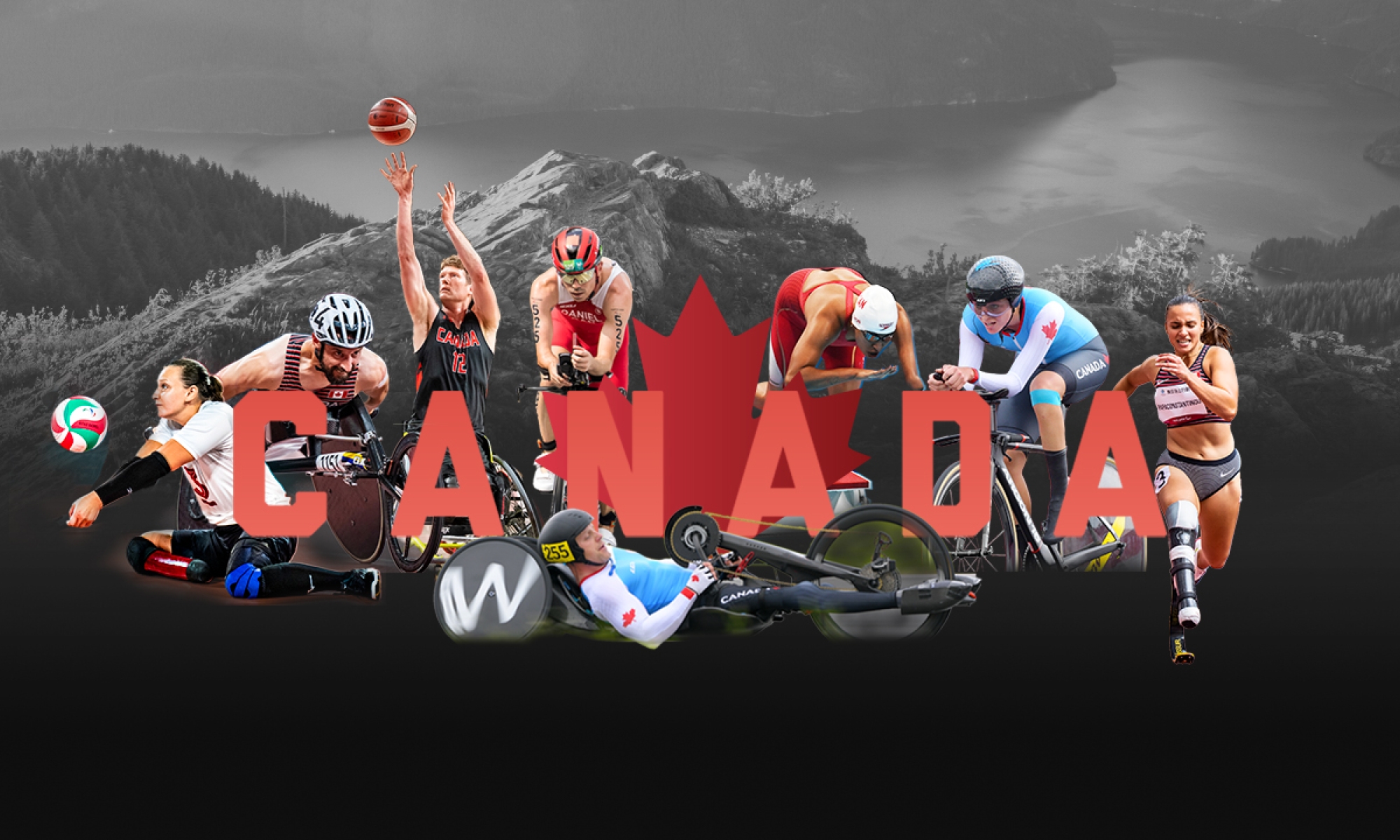 Collage of summer sport athletes in front of a mountain with the word Canada over top
