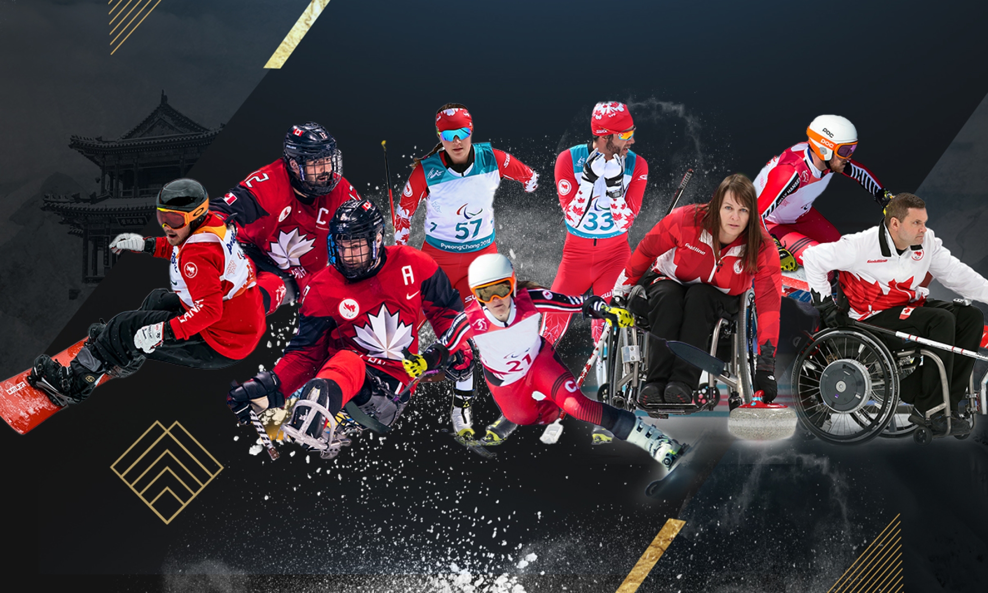 A bunch of athletes in red and white together in the middle representing many winter sports, black and gold Beijing theme background