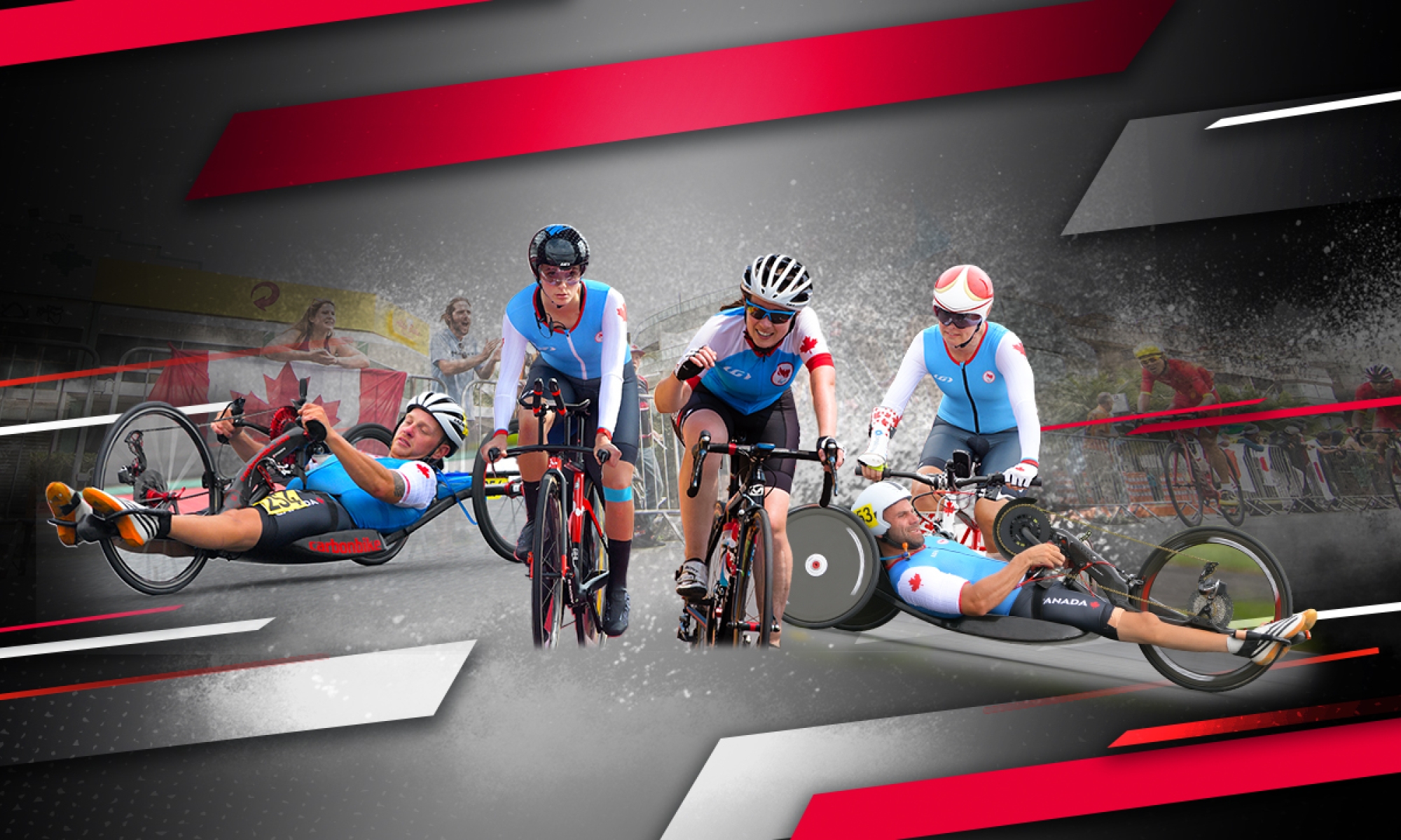 4 cyclists over a red, black, grey graphic background 