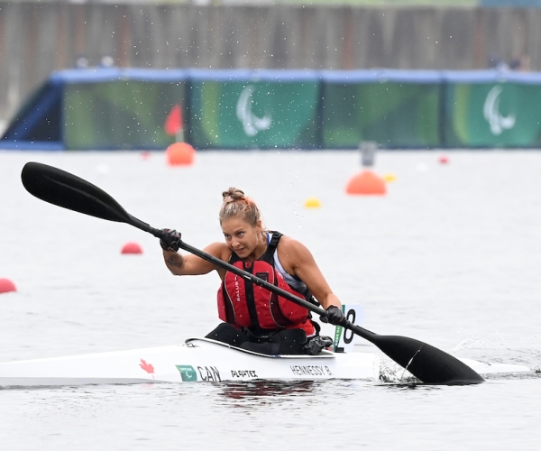 Brianna Hennessy competing in the KL2 Para canoe race at the Tokyo Paralympic Games. 
