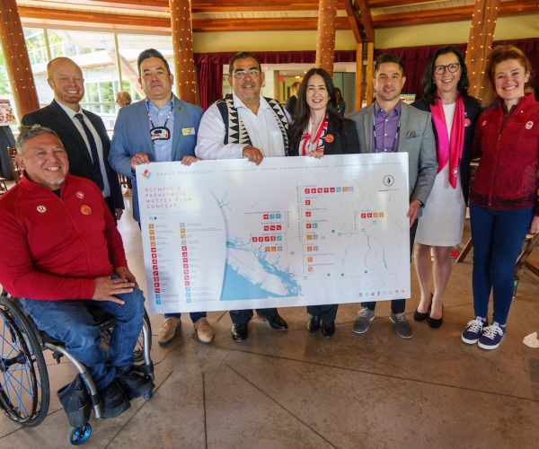 Members of the 2030 feasibility team at a ceremony at the Squamish Lil’wat Cultural Centre in Whistler on June 14 
