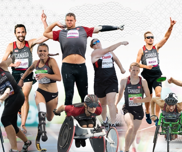 A photo of many members of the Tokyo 2020 Canadian Para athletics team including Brent Lakatos, Renee Foessel, Guillaume Ouellet, Marissa Papaconstantinou, Greg Stewart, Austin Smeenk, Jennifer Brown, Liam Stanley, Nate Riech, Jessica Frotten, and Charlotte Bolton. 