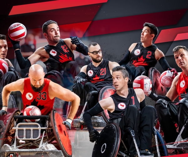 A compilation of wheelchair rugby players set upon the Paralympic Super Series background - Trevor Hirschfield, Zak Madell, Patrice Dagenais, Anthony Letourneau, Byron Green, Travis Murao, and Mike Whitehead. 