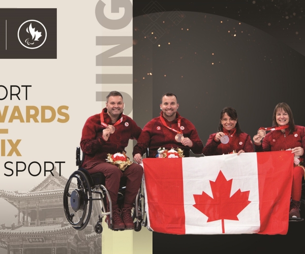 Mark Ideson, Jon Thurston, Collinda Joseph, Ina Forrest, and Dennis Thiessen with their bronze medals at the Beijing 2022 Paralympic Winter Games