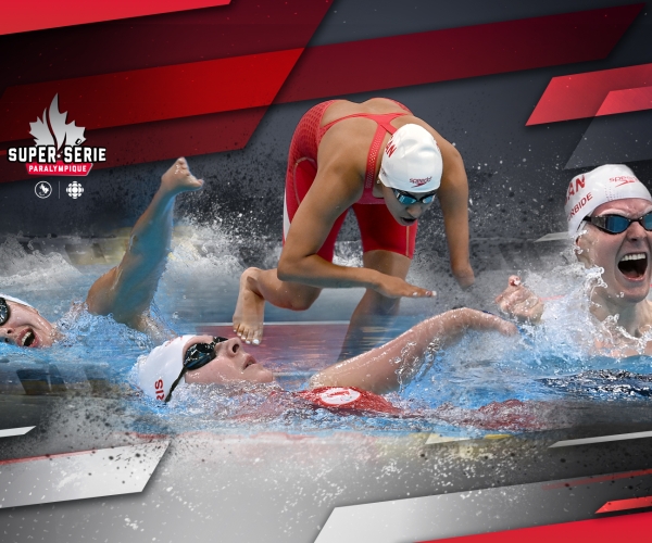 A Paralympic Super Series graphic with the logo and images of Para swimmers Aurelie Rivard, Danielle Dorris, Katarina Roxon and Nicolas-Guy Turbide.