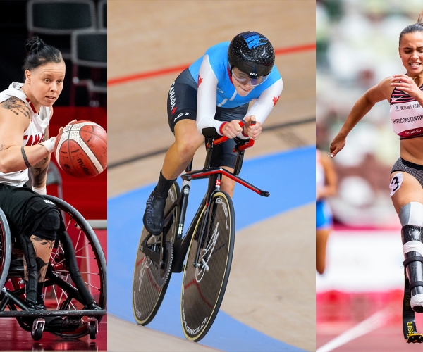 A compilation of action shots of Cindy Ouellet in wheelchair basketball, Keely Shaw on the Para cycling track, and Marissa Papaconstantinou sprinting. 