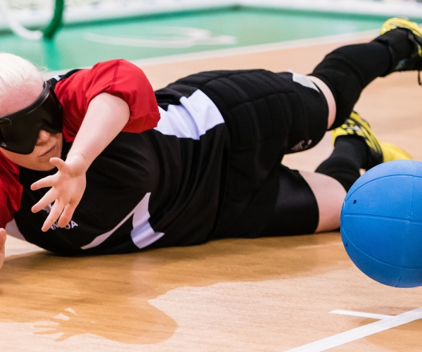 Amy Burk blocks a ball in goalball action at the Rio 2016 Paralympic Games. 