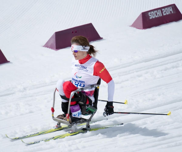 Colette Bourgonje in competition in Para cross country at the Sochi 2014 Paralympic Games. 