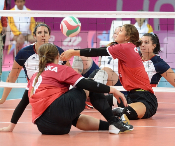 The women's sitting volleyball team in action at Lima 2019